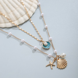 2pcs/set Boho Natural Blue Scallop Starfish Pendant Necklaces Women Summer Beach Pearl Link <strong>Chain</strong> Necklace Set - Product Image 5