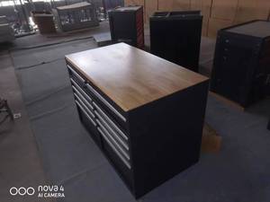 ツールと木製トップを備えた10個の引き出しツールトロリー、ホイールとプッシュプルハンドルを備えたガレージツール収納ワークベンチ