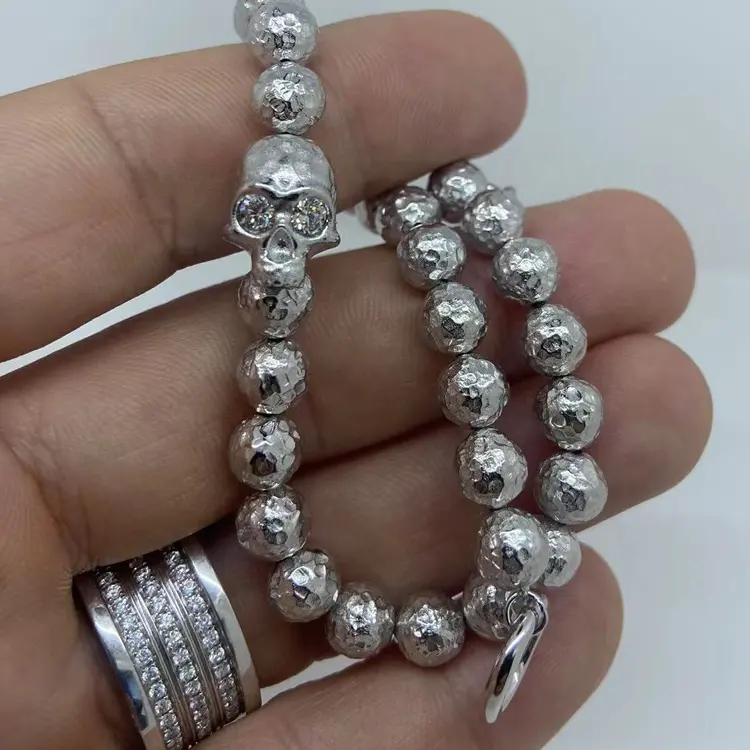 HY oro bianco 18 carati 7mm perline struttura in metallo martellato con teschio diamante occhio uomo braccialetto perline