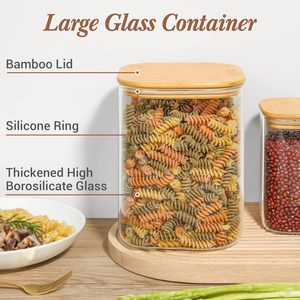 大型方形玻璃储物罐宠物猫狗食品罐面粉糖容器，带密闭竹盖，用于谷物，饼干