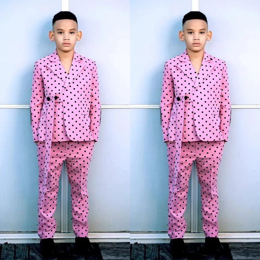 Pink Black Dots Boy Formal Suits Dinner Tuxedos Little Boys Kids Suits For Wedding Party Prom Birthday Wear Jacket Pant 2 Pieces