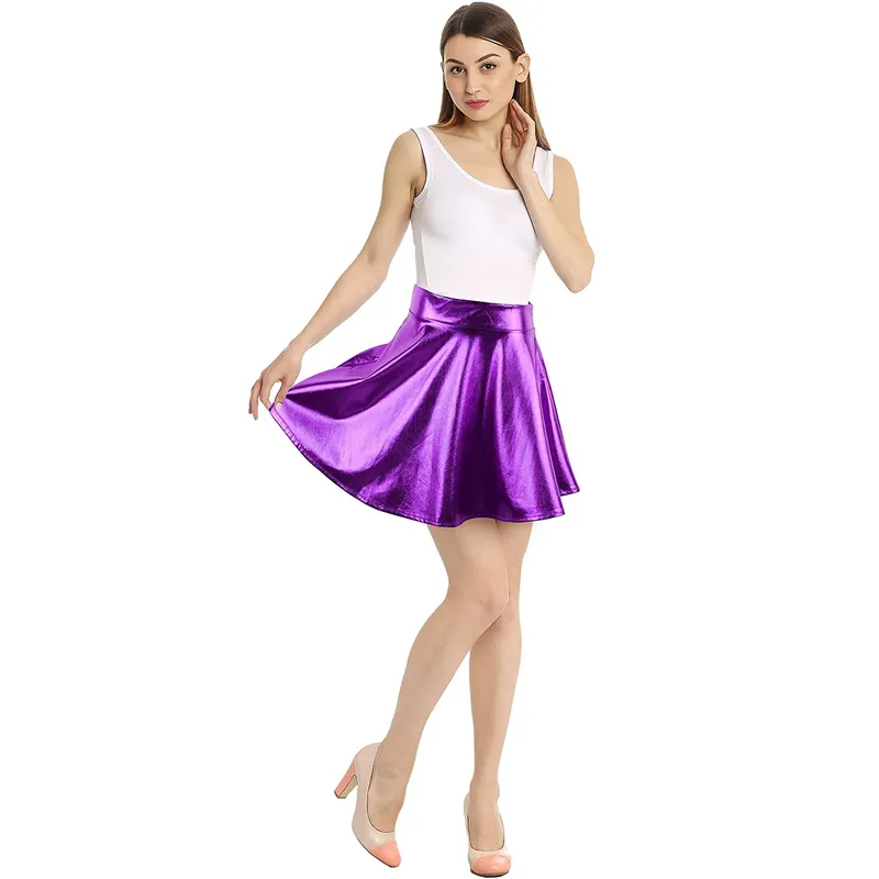 Vestido de patinaje púrpura brillante, informal, de látex, para mujer