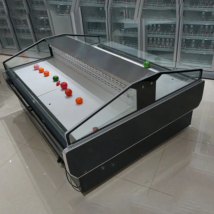Refrigerador comercial de mostrador de autoservicio de doble cara para frutas y verduras Congelador de exhibición de carne