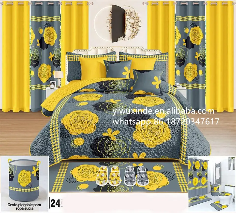 top sale 24pieces bedspread set in stock king size bed cover with curtains and matching bathroom sets customize sheet set