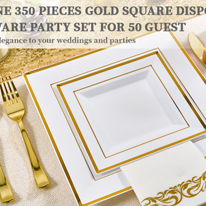 Xueli thân thiện với môi nhựa dùng một lần bộ đồ ăn đặt cho đám cưới bên Vàng vuông gọng trắng tấm dao kéo cho 50 khách - Product Image 4