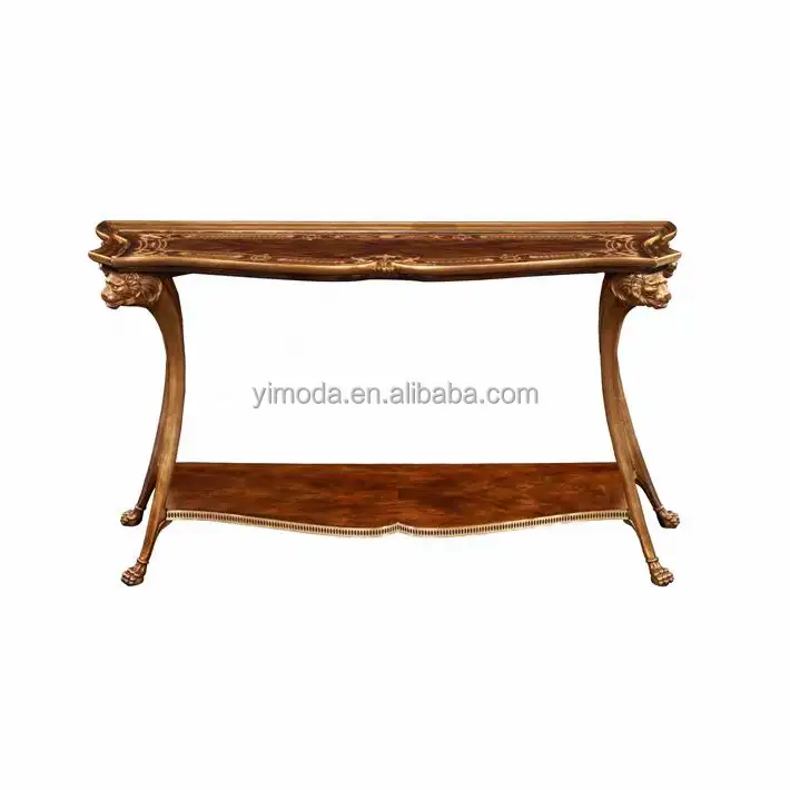 Mesa de console de madeira de teca francesa luxuosa para corredor, mesa de console de madeira esculpida em ouro antigo