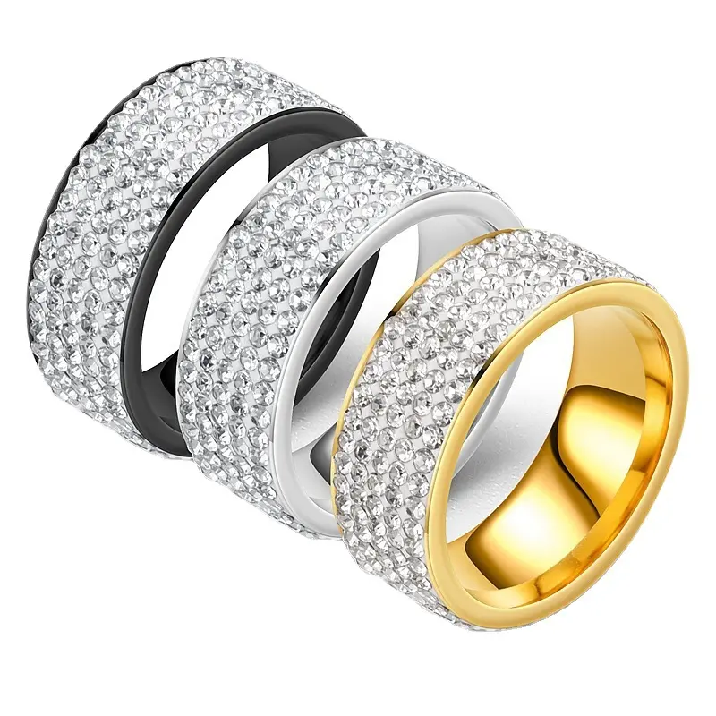 Venta caliente de acero inoxidable de lujo Hecho a mano incrustaciones de cinco drenaje anillo de diamante de moda y exquisito anillo de pareja