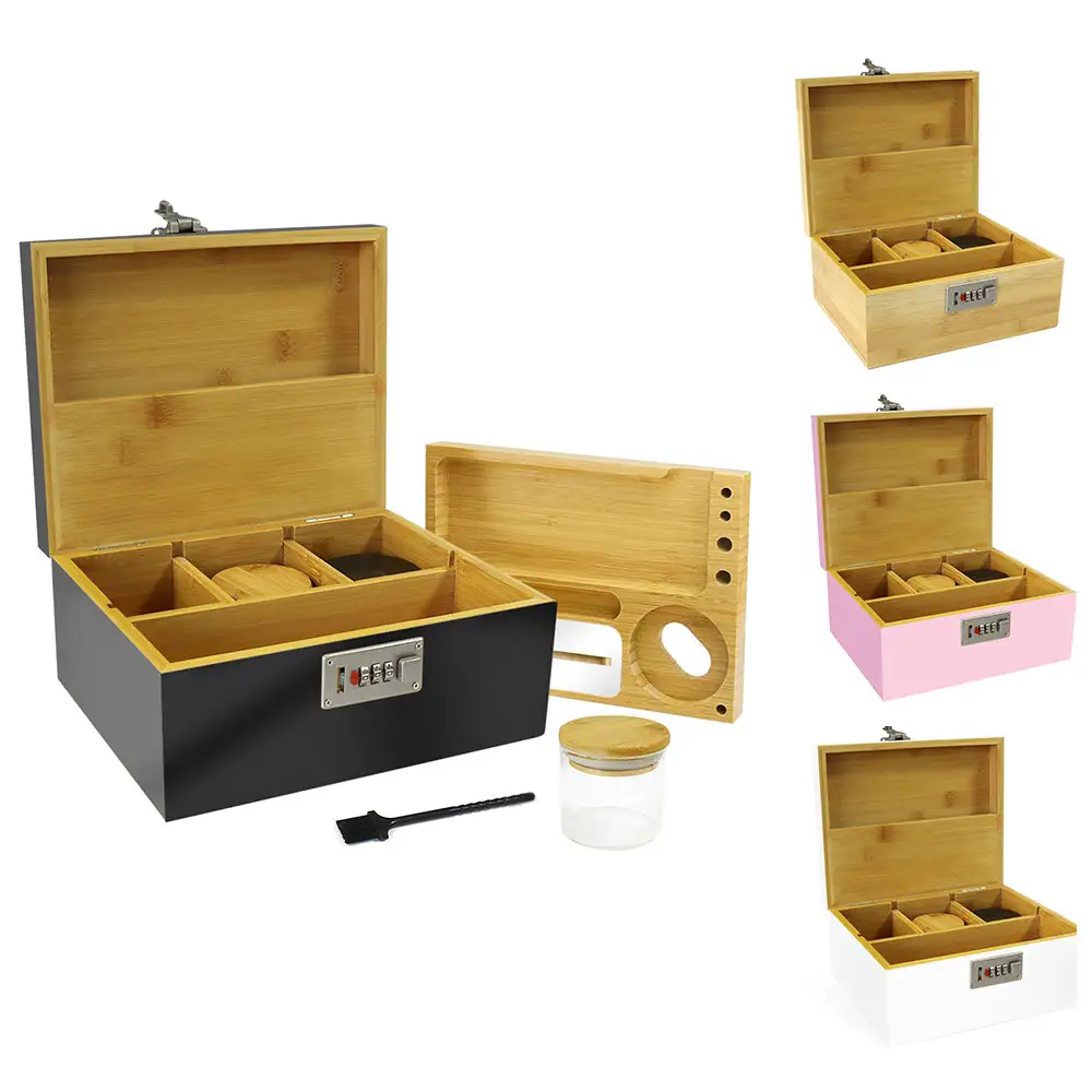 Kit d'accessoires magnétiques anti-odeur personnalisés boîte de rangement pour tabac boîte de rangement en bois de bambou avec plateau roulant et serrure