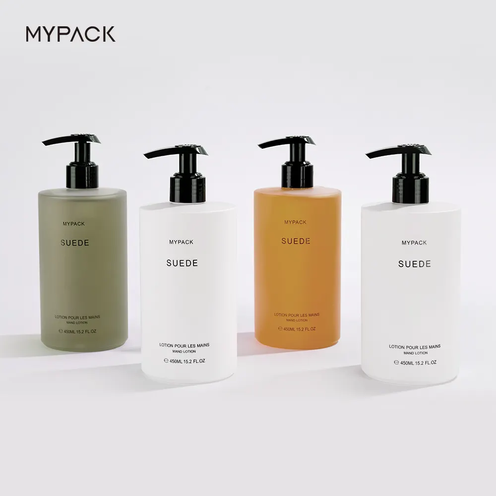 Mypack Nieuw Ontwerp Hdpe Plastic 15 Oz 450Ml Frosted Clear White Soft Touch Shampoo En Conditioner Fles Met Zwarte Pomp