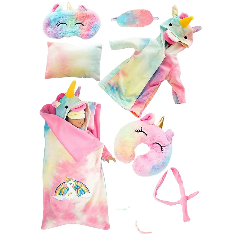 1267 Set di sacchi a pelo unicorno Costume da bambola arcobaleno cuscino maschera per gli occhi accessori per feste in sonno abbigliamento per bambole da 18 pollici