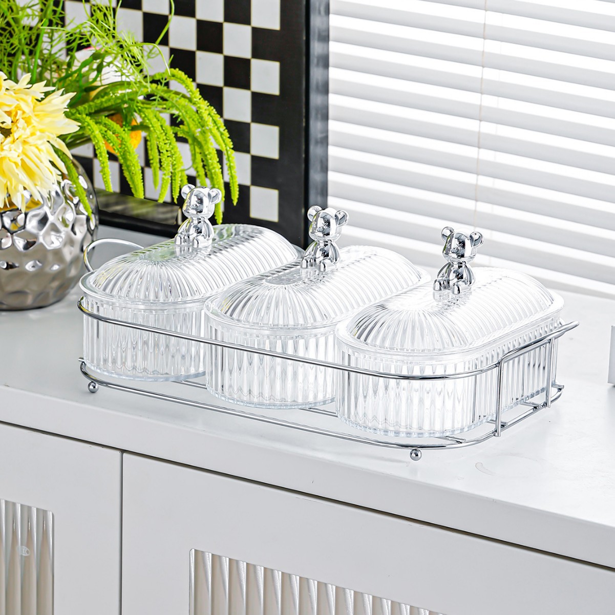 Bear Silver Stand - Transparent Large Oval Plate - 3 Compartments