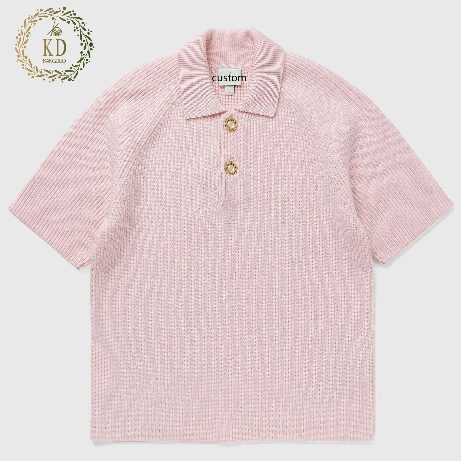 KD Knitwear Fabricante OEM ODM Summer Pink Designer Pearl Buttons 100% Lã De Malha Polo T Shirt Mulheres Camisola