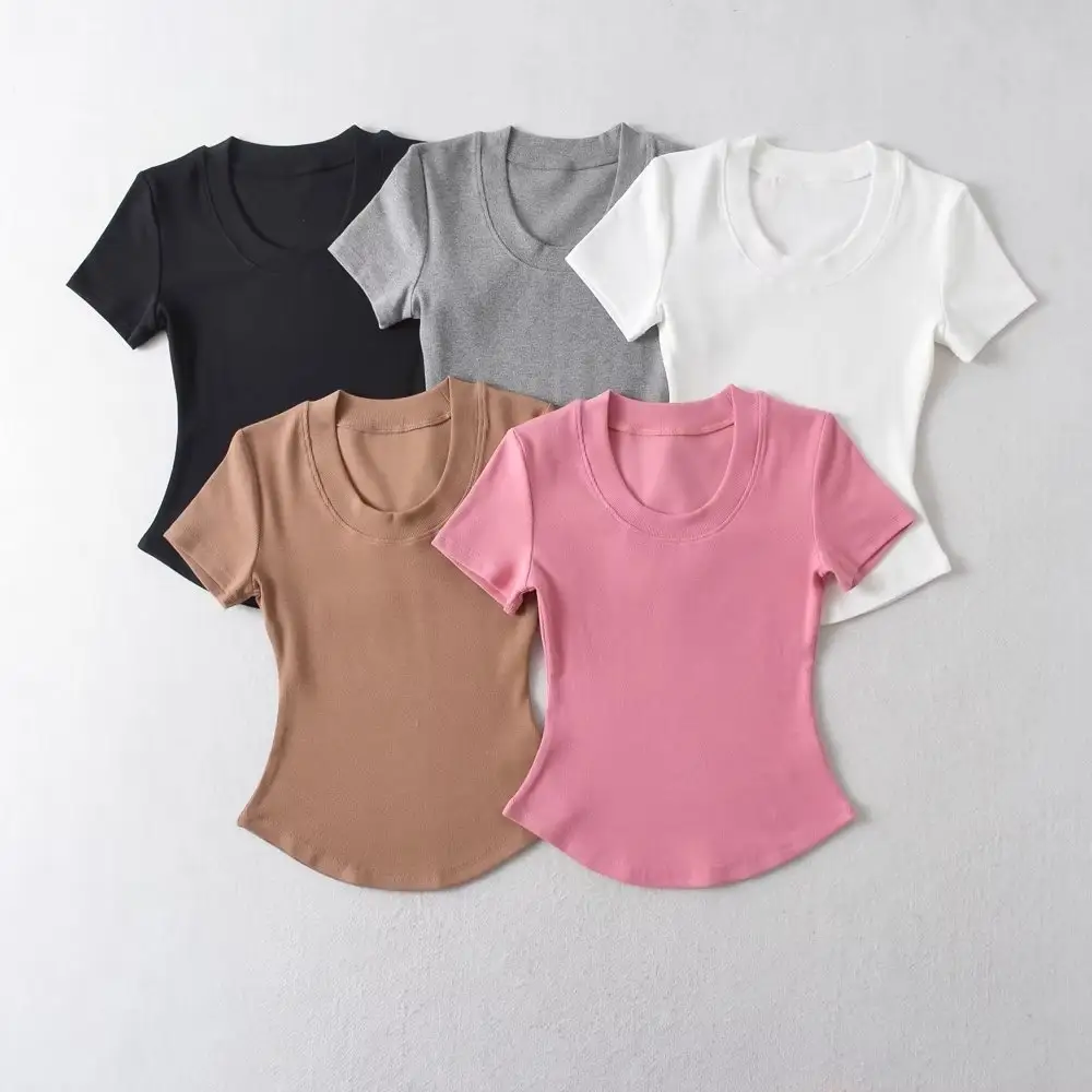 Camisetas básicas de manga corta para mujer, cuello redondo, parte inferior curva, algodón, licra, elástico, novedad de 2023