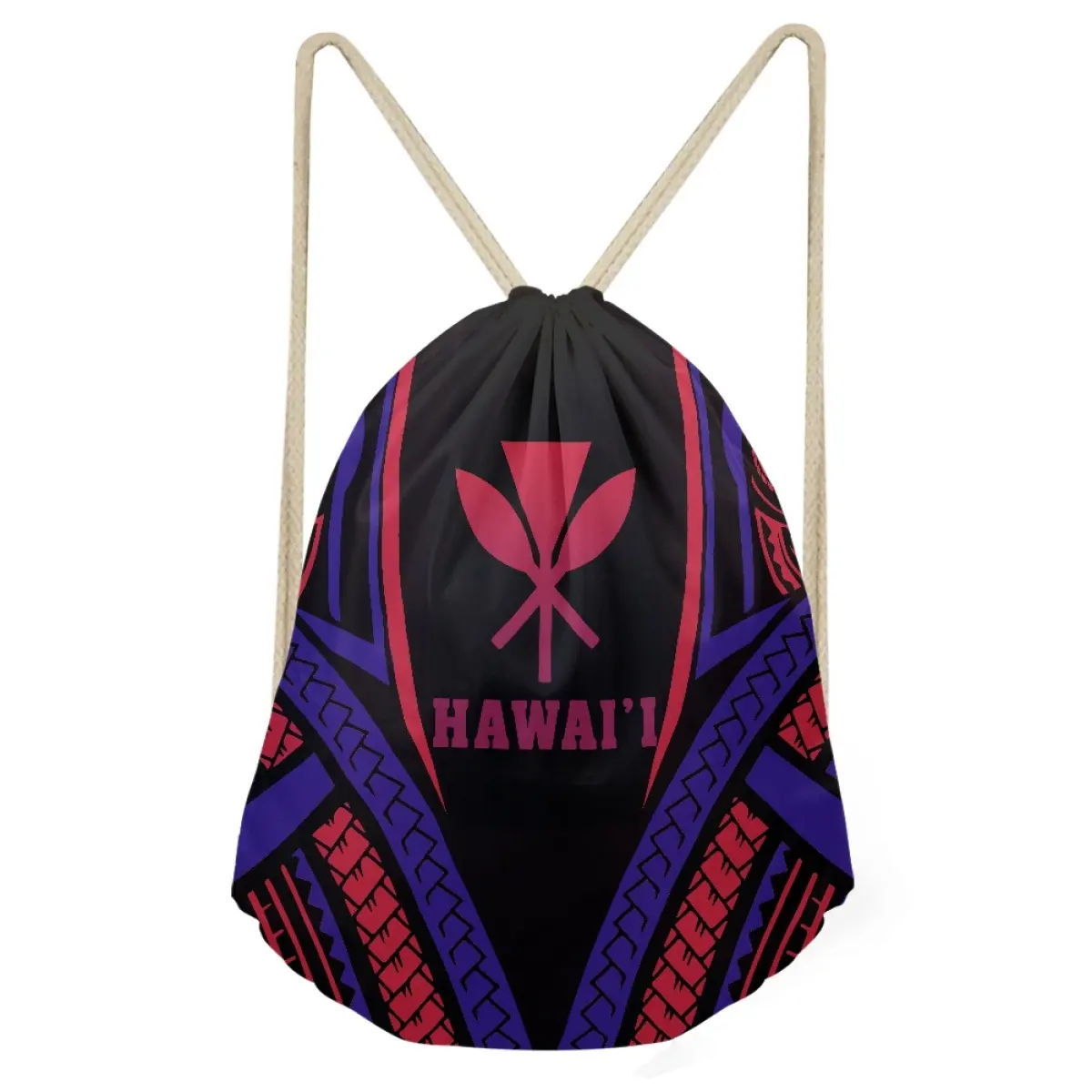 Suministro de fábrica Mochila personalizada Polynesian Hawaii Island Print Bolsa con cordón Gimnasio Deportes Bolsa diaria
