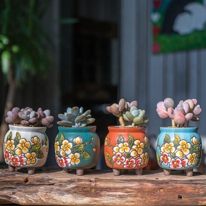 植物多肉植物OEM用手描きフラワーポットプランターコンテナクレイポットセラミックポット - Product Image 2