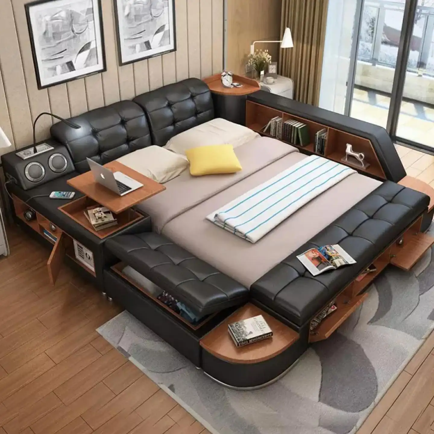 Sofa giường đồ nội thất màu be Phật Sơn cho cô gái công chúa phòng ngủ đám mây da đen lớn Nệm moder cơ giới Bắc Âu Sofa giường