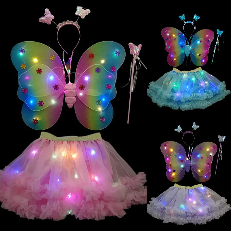 Disfraz de actuación de fiesta niños LED ala de mariposa bebé niña vestido de hada con alas de mariposa