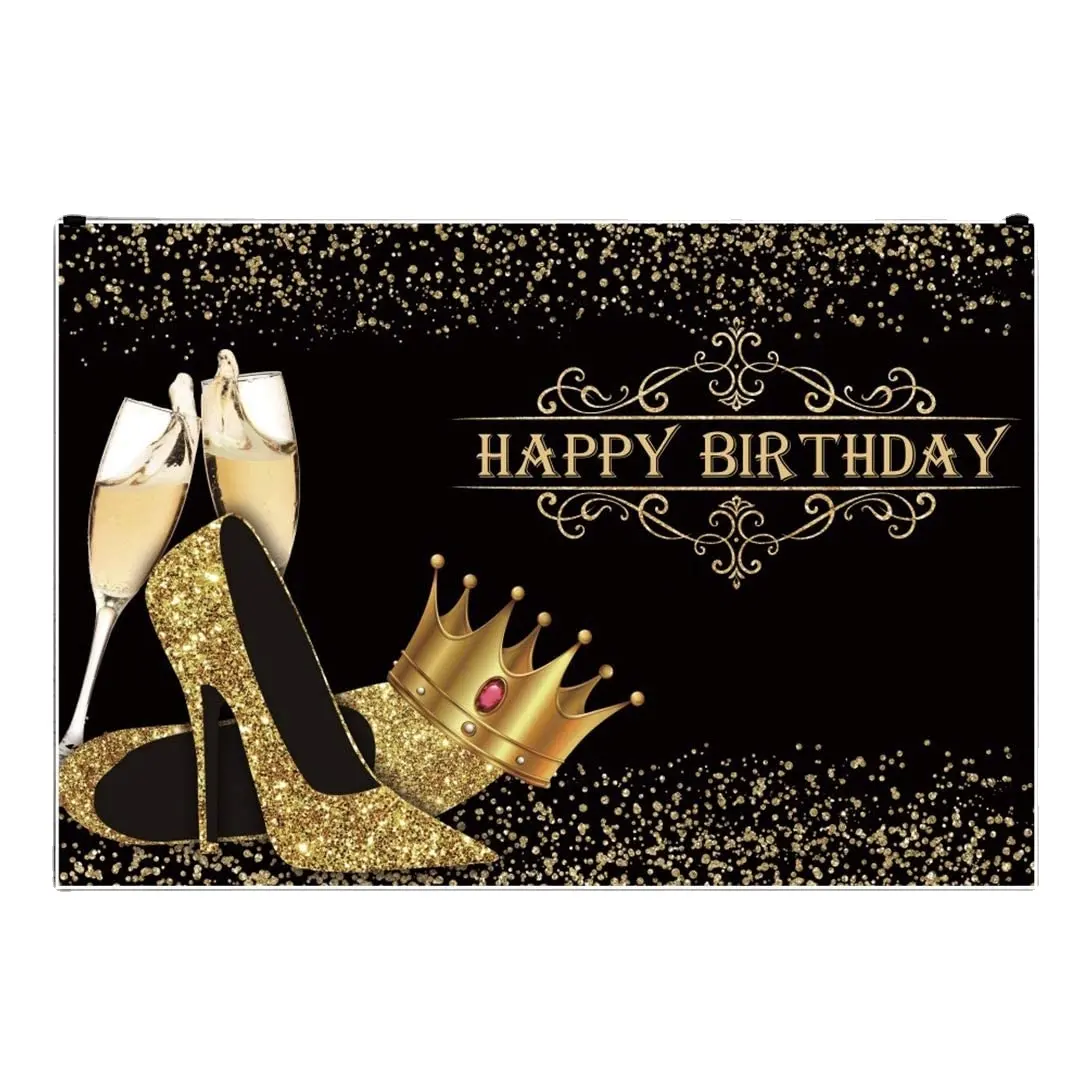 7x5ft poliestere nero e oro Happy Heels sfondo di compleanno per donna compleanno ragazza Lady Royal Crown