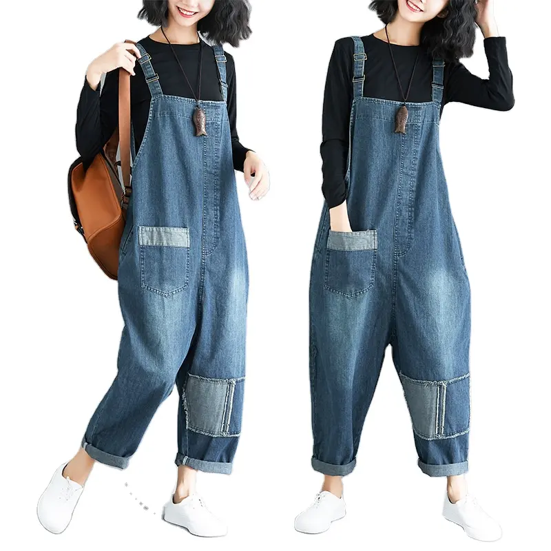 Frühling Vintage New Casual Cargo Denim gewaschene Jeans Hosen Hosenträger Pullover Loose Pocket Hosen Damen Lady Overalls Hosen