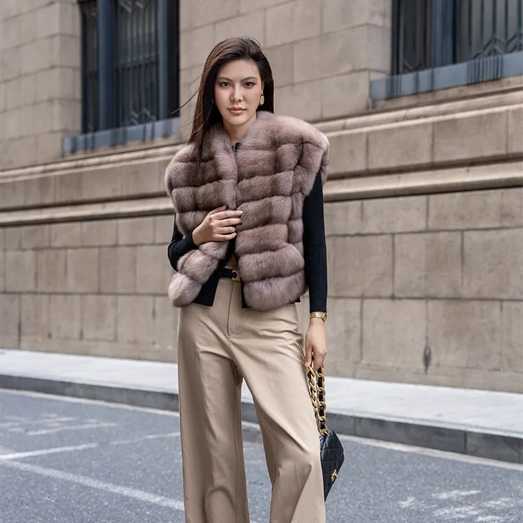 Wholesale High Quality Sable Fur Pink Full Sable Round Neck Tank Top Coat Vest Real Mink Fur Vest For Women