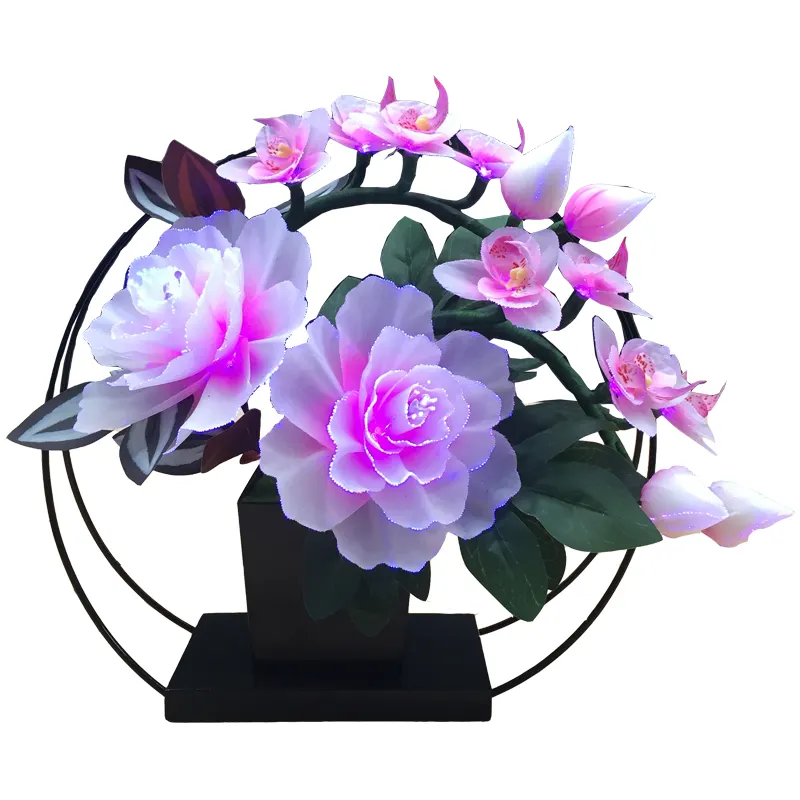 LED fibre optique lampe de fleur de mariage décoration de noël led lampe éclairage de vacances lilly orchidée pivoine avec base en métal