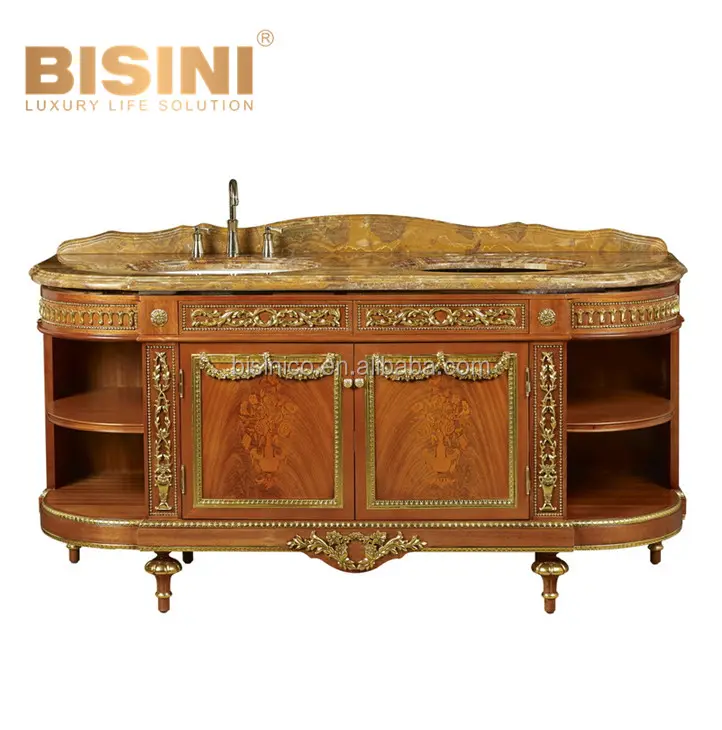 Mueble de baño de lujo de marquetería con tapa de mármol, mueble sanitario de madera con mueble de bronce Noble/tocador de baño con doble lavabo