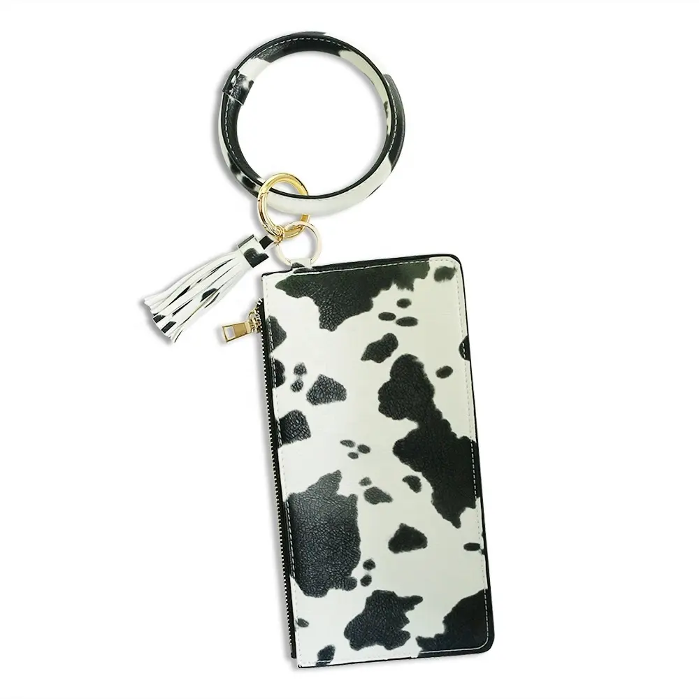 Venta caliente leopardo vaca impreso pulsera llavero con la borla para mujeres bolso monedero