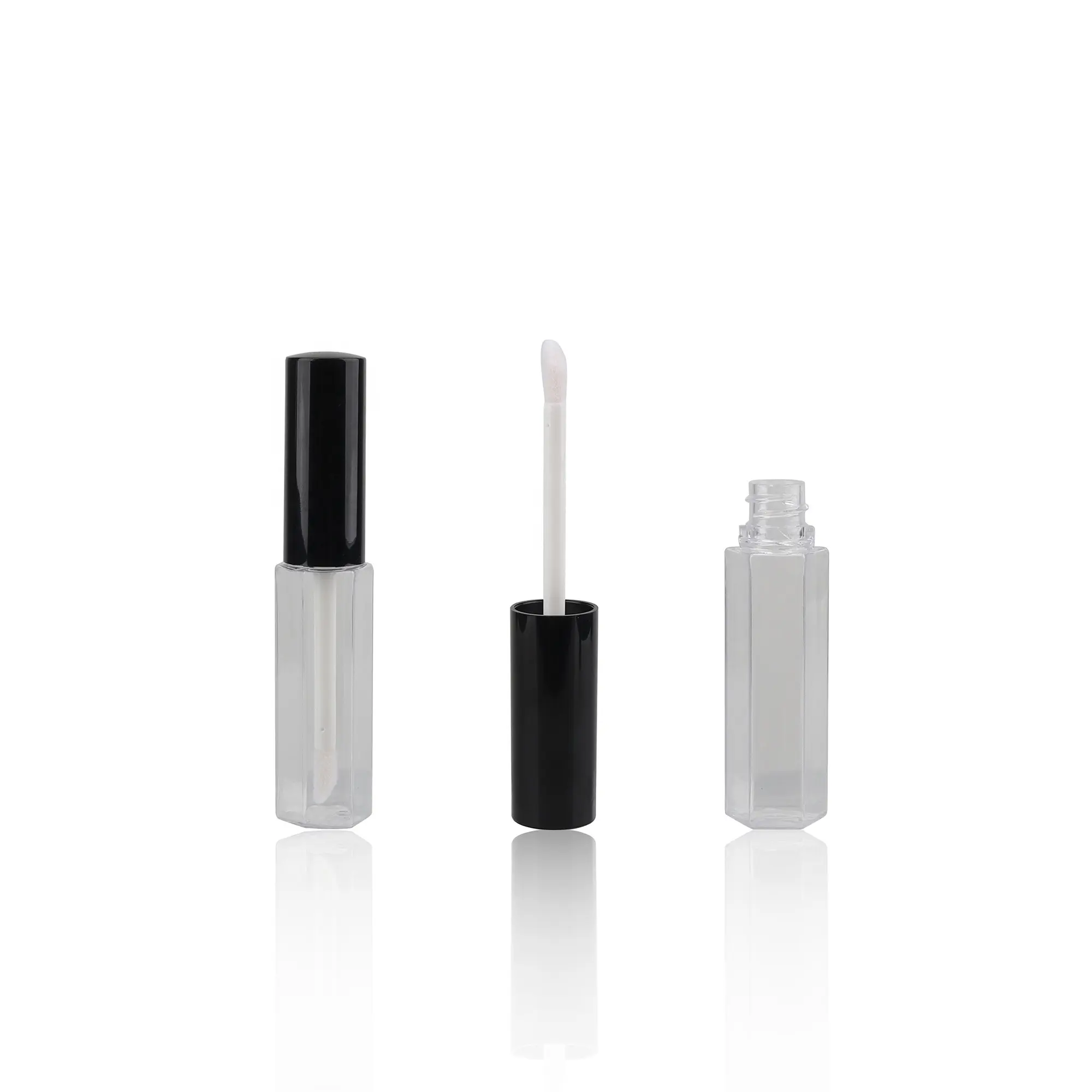 Tubo de brillo de labios con aplicador negro, botella transparente hexagonal, tubo de lápiz labial líquido, etiqueta de logotipo de pantalla de seda, 5ml