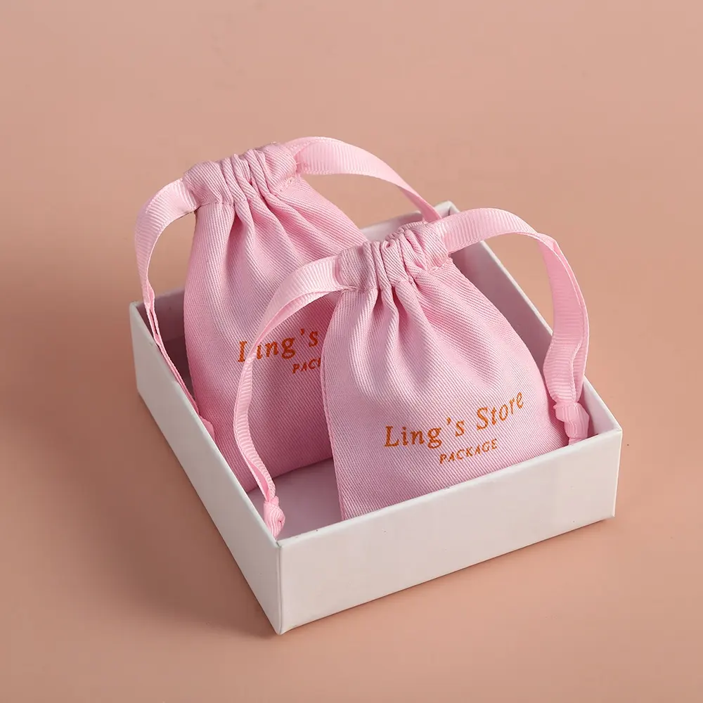 9x12cm Personalized Pink Canvas Cotton Drawstring Bag with Double Grosgrain Satin Ribbon Jewelry Pouch Canvas Pochet