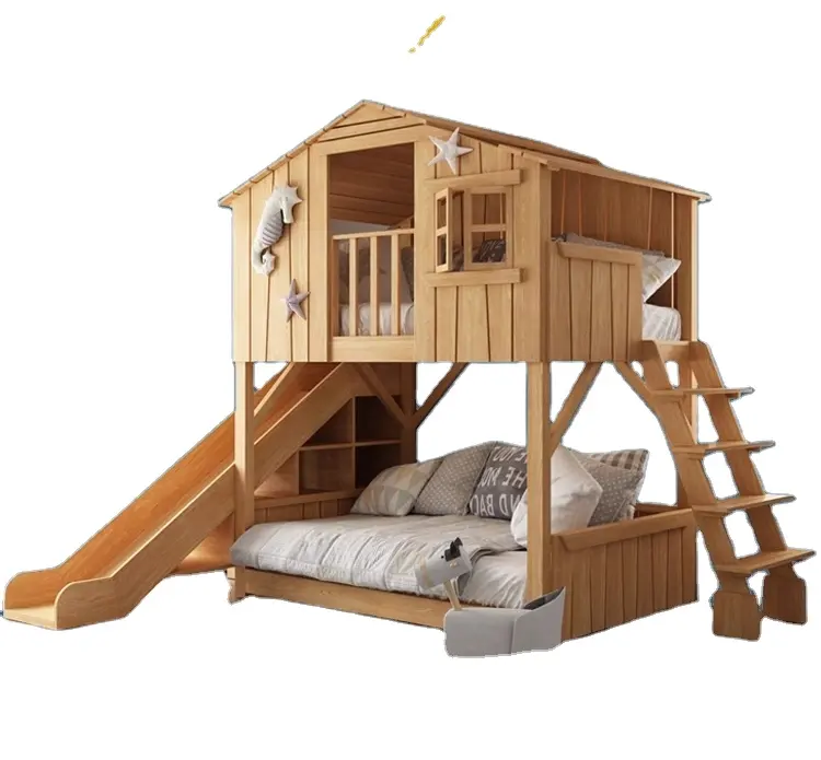 Chambre d'enfant de luxe lit mezzanine superposé en bois naturel cabane dans les arbres pour enfants meuble de lit en bois avec toboggan