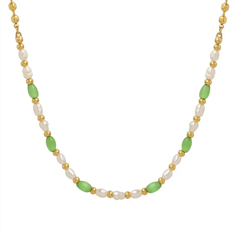 Bohemian style Women Stainless Steel 18K Gold Plated Bead Green Opal Match Fresh Water Pearl Necklace