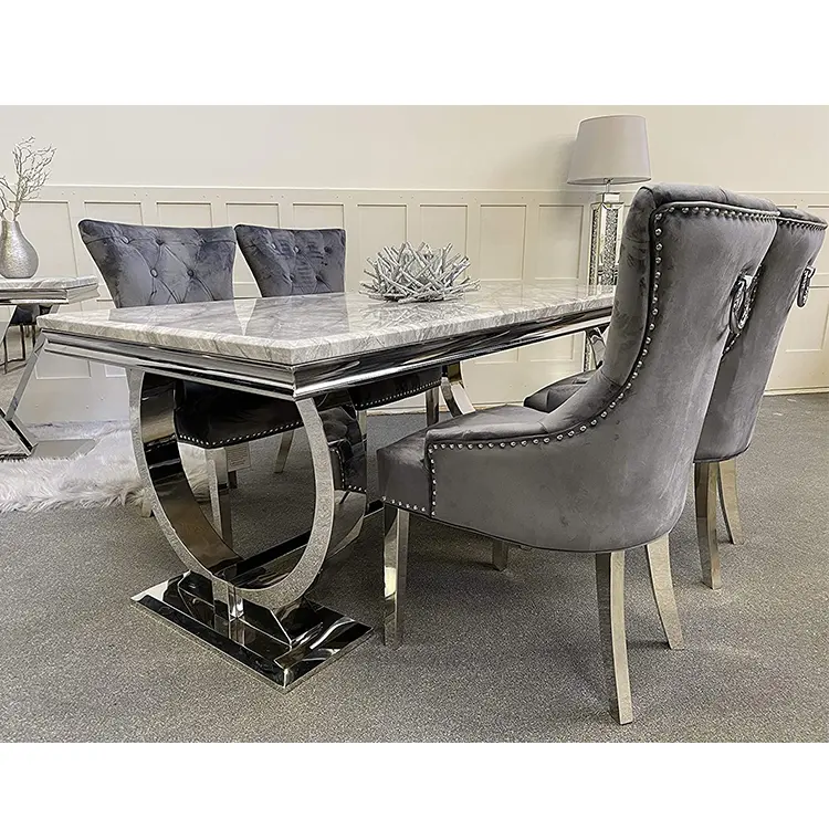 180cm 4 assentos 6 8 cadeiras de veludo, de alta qualidade de aço inoxidável arianna cinza, retangular, mármore natural, conjunto de mesa de jantar