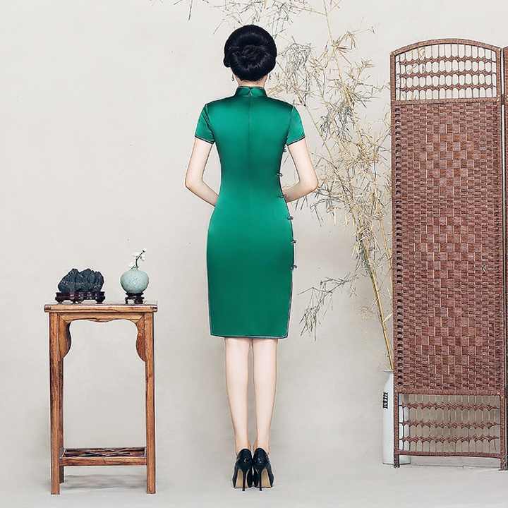 Qipao Women Clothing Readymade Short Sleeve Green Silk Geleneksel Cin Giyim Traditional Chinese Cheongsam Short Qipao Dress