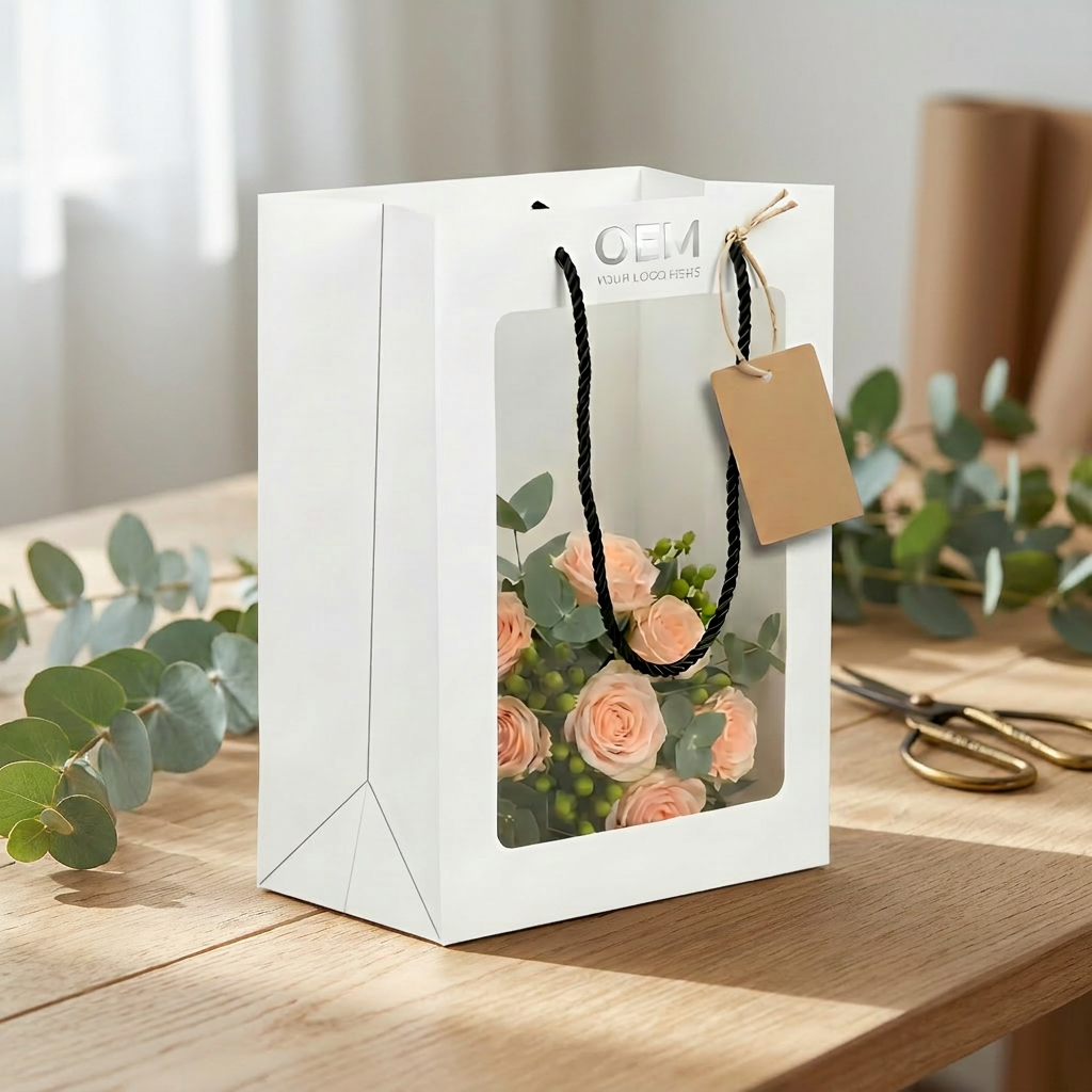 White Flower Paper Bag With Window