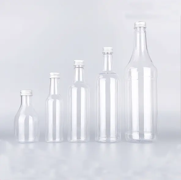60ml 150ml 300ml plastic wine shape bottle with aluminum cap, plastic juice bottle, transparent PET bottle