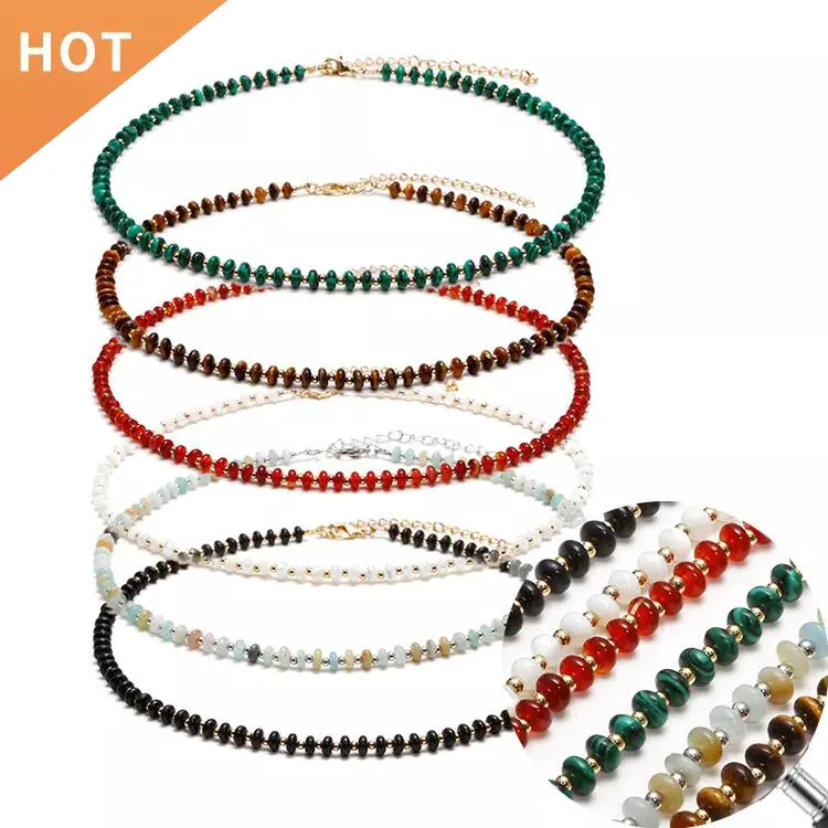 Bijoux faits à la main, collier ras du cou pour femmes en pierres naturelles rondes avec chaîne de perles