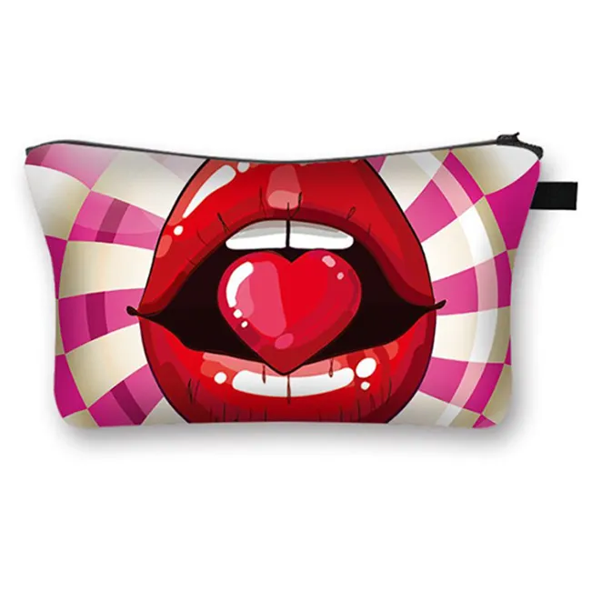 Womens Red Lip Makeup Bag 3D-Druck Kosmetische Handtasche Bleistift Fall mit Reiß verschluss Münz geldbörse