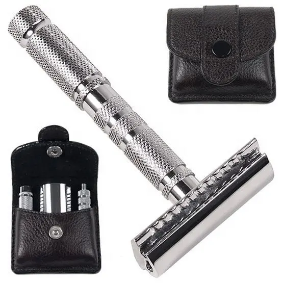 Safety Razor Case Cover, Black Leather Shaving Travel Case With Steel Safety