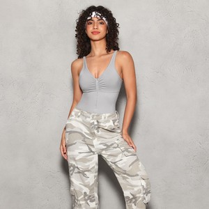 Nhỏ V cổ màu xám Yoga mặc thoáng khí mỏng liền mạch dây kéo Jumpsuit backless ngực nhăn nheo thiết kế công ty cộng với kích thước giữ gìn - Product Image 5