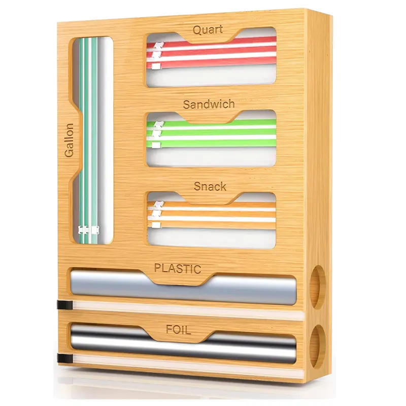 Organizer per borse e involucro di plastica con Cutter, foglio di bambù 6 In 1 e organizzatore per involucro di plastica per cassetto della cucina