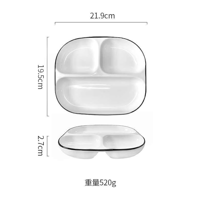 Assiette carrée à 3 compartiments, 86 pouces, ligne noire