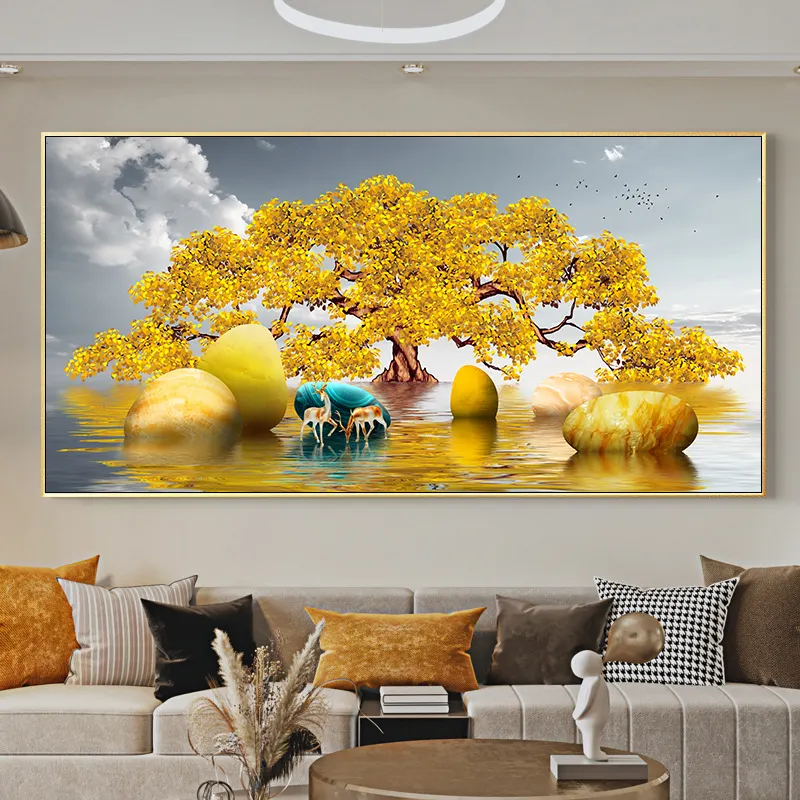 Or Riche Arbre Cristal Porcelaine Peinture Cerf Paysage Chanceux Pierre Affiches Encadré Mur Art pour Salon Décor