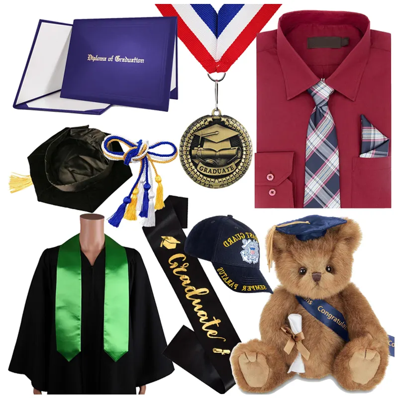 Fajas de graduación lisas personalizadas, gorra de béisbol de oso de peluche, sombrero de Metal, insignia escolar, medalla, uniforme, ropa, archivo, certificado, titular