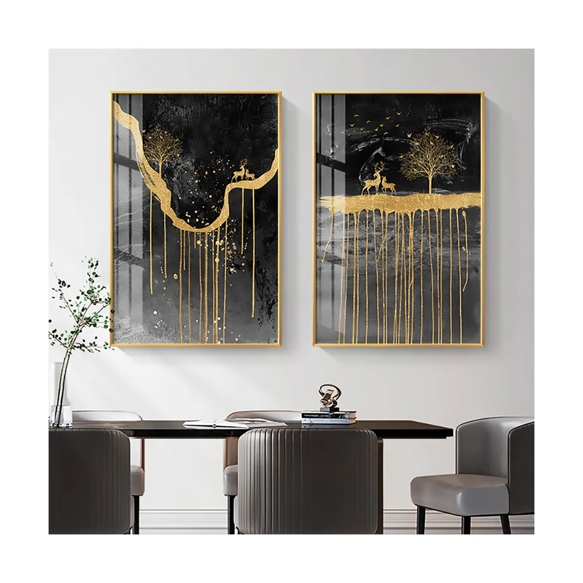 صور جدارية ذهبية وسوداء مطبوعة بأشكال الغزلان والمناظر الطبيعية الجميلة صور تجريدية لغرف المعيشة المنزلية الفاخرة ديكور للمكاتب