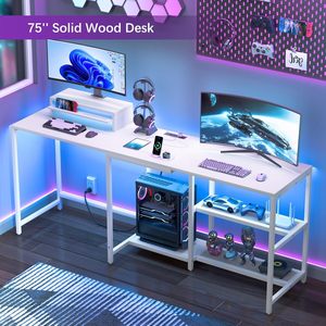 Mesa de ordenador blanca en forma de L, escritorio de esquina de oficina y juegos con tomas de corriente, soporte para monitor y estantes de almacenamiento para uso doméstico - Product Image 4
