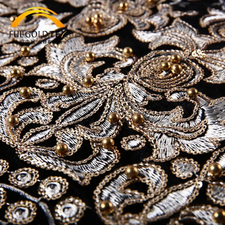 Hejin tecido de poliéster spandex de luxo personalizado tricotado Itália lantejoulas Dubai tecido de veludo bordado com contas de ouro para roupas