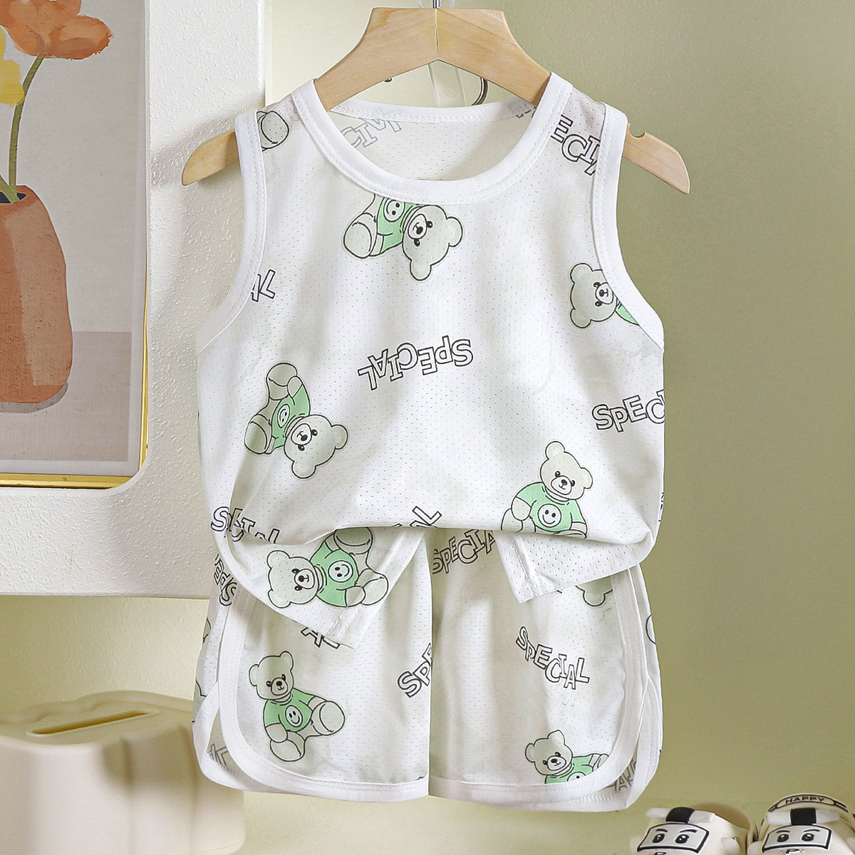 Ensemble gilet imprimé lettre ours vert X-4