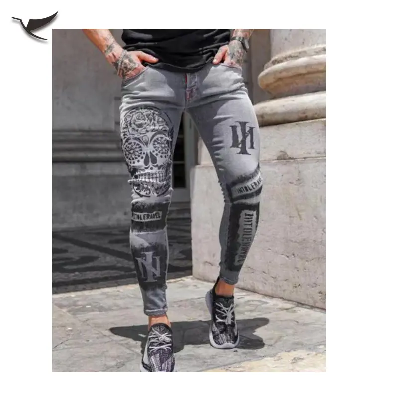 Pantalones vaqueros de talla grande para hombre, jeans con estampado de Calavera, pitillo, Vaqueros