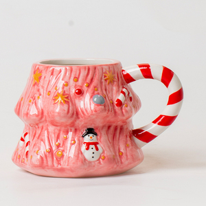 Sarı yıldız ve kardan adam içme fincan çay bardağı ile özel çizgili kolu seramik pembe renk su kupası - Product Image 1