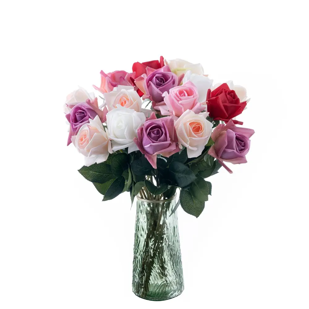 Bunga mawar buatan dekoratif, bunga mawar sutra tunggal lateks putih sentuhan asli buatan untuk dekorasi bunga pernikahan